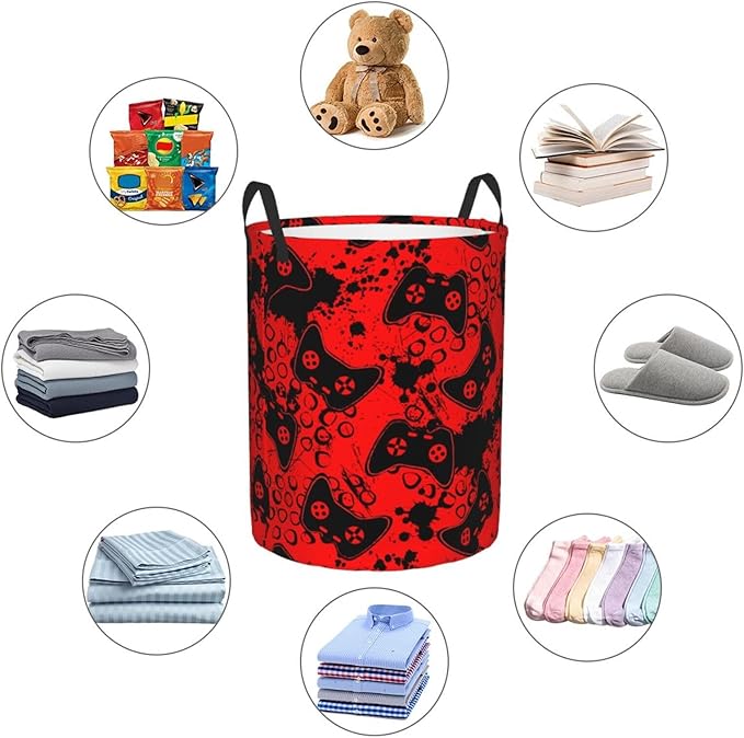 Game Joysticks Red Background Round Laundry Hamper Storage Basket Toys Clothes Organizer Bin For Home Bathroom Bedroom Dorm Nursery, 38l