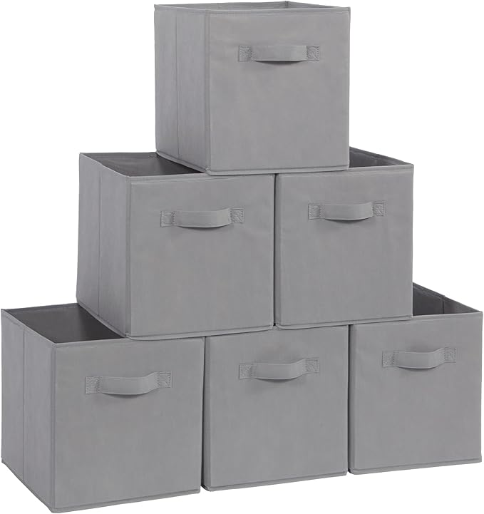 Storage Cubes, 11 Inch Cube Storage Bins, Set of 6, Fabric Foldable Storage Bins With Handles, Closet Storage Organizer Bins, Cubby Clothing Storage Baskets for Shelves, Gray