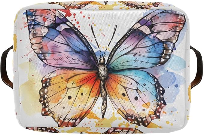 Storage Basket Watercolor Colored Butterfly Durable Canvas Collapsible Toy Box Organizer Bin with Handles for Shelf Closet Bedroom Home Office