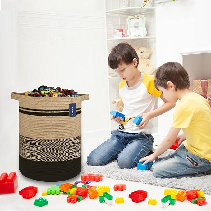 COMSE Extra Large Blanket Basket, Tall Laundry Basket, Nursery Hamper, 15.7âx 21.7â, Cotton Rope Woven Laundry Hamper for Storage Toys Clothes Towels, Brown/Black