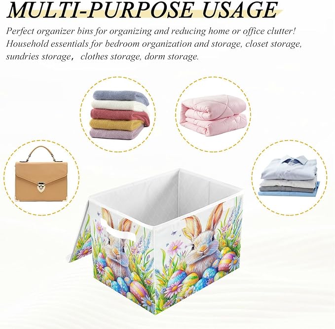 Collapsible Storage Bins with Lids Decorative Fabric Storage Cubes Closet Organizer and Storage Basket Boxes Containers for Clothes Box Chest Nursery Folding Rectangle Colorful Bunny Eggs