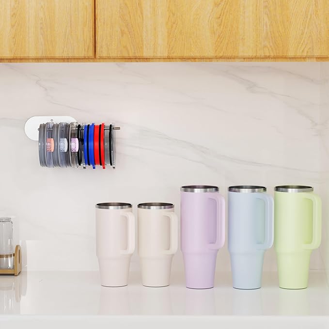 2 Pack Tumbler Lid Organizer, Space Saving Cup Lid Organizer for Yeti/Stanley/Simple Modern Tumbler Lids, Self-Adhesive or Drilling Tumbler Lid Hook for Kitchen Organizers and Storage