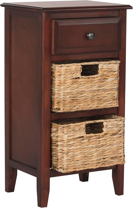 SAFAVIEH Home Collection â Everly Cherry 3-Drawer Side Table with Woven Basket Storage, Fully Assembled Farmhouse Accent Table (AMH5743C)
