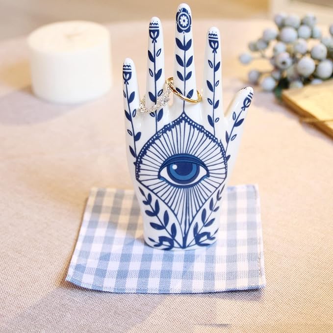 Hamsa Ring Holder organizer, aesthetic Room Decor with Blue Eye Boho style for Bathroom, Bedroom; Gifts for Women Home Decor