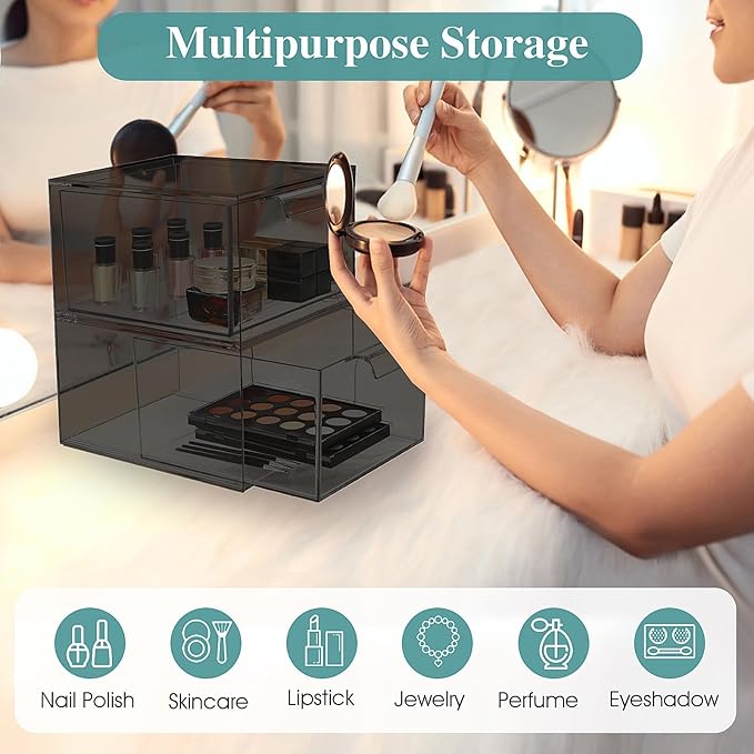 6 Pack Stackable Makeup Organizer and Storage, Acrylic Organizers,Clear Plastic Storage Drawer with Pull-Out Handles for Vanity, Undersink, Kitchen Cabinets, Pantry, Black
