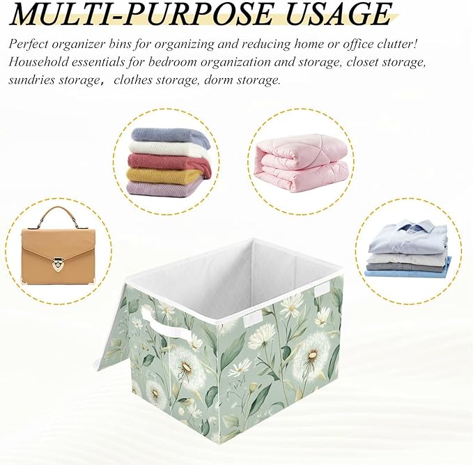 Collapsible Storage Bins with Lids Decorative Fabric Storage Cubes Closet Organizer Basket Boxes Containers for Clothes Box Chest Folding Rectangle Spring Sage Green Dandelions Daisy Flower