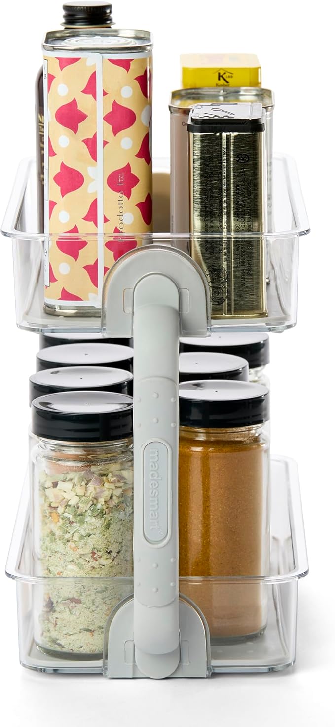 madesmart 2-Tier Plastic Multipurpose Kitchen Spice Organizer, Condiment Storage Spice Shelf for Cabinet Organization, Gray (Pack of 2)