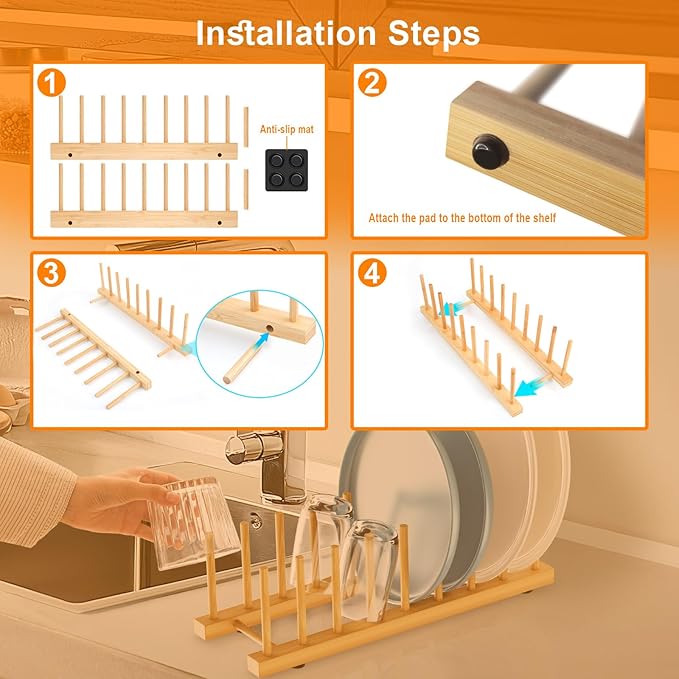 Bamboo Dish Drying Rack for Kitchen Organizer-Sturdy Plate Rack Organizer with Natural Bamboo, Dish Rack Holds Plates, Cups & Cutting Boards-Dish Drying Rack for Countertop & Cabinets(2 Pack)
