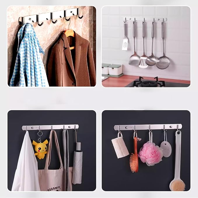 Coat Rack Wall Mounted - 5 Hooks, 304 Stainless Steel, Metal Coat Hook Rail for Coat Hat Towel Purse Robes Mudroom Bathroom Kitchen Entryway (Silver, 2 Packs)