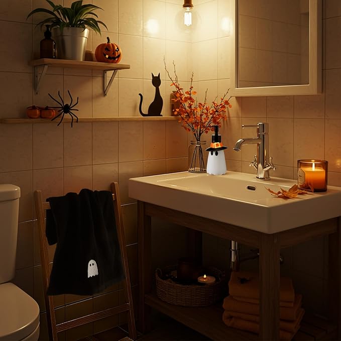 4 Pcs Halloween Bathroom Accessories Ghost Soap Dispenser Lotion Pump Halloween Hand Towels Fingertip Towels with Gift Box Set for Home Bath Kitchen Decoration(Black White, Ghost)