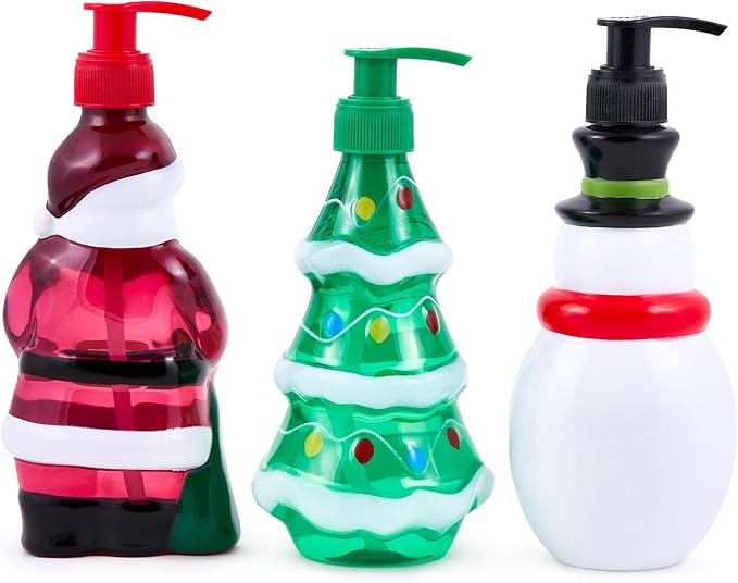 Simple Pleasures Snowman, Santa & Christmas Tree 3 Pack: Holiday Apple, Balsam Fir & Snow Scented Decorative Refillable Soap Dispensers for Kitchen Countertops and Bathroom Sinks