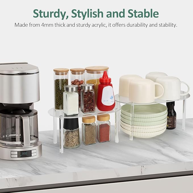Clear Kitchen Cabinet Organizer, Acrylic Shelves Set of 2 Stackable Counter Shelves, Pantry & Countertop Storage, Space-Saving Bathroom/Desk Organizer
