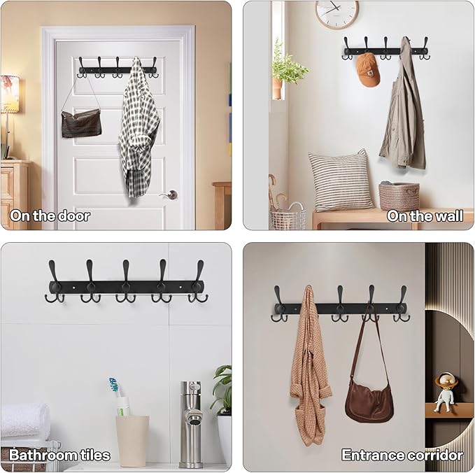 Black Wall Mounted Coat Rack – L-Shaped Towel Rack for Hats - 5 Tri Hooks, Heavy Duty, Stainless Steel, Metal Coat Hook Rail for Coat Hat Towel Purse Robes Mudroom Bathroom Entryway (Black, 2 Packs)
