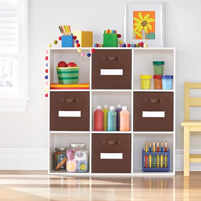 artsdi 13x13x13 Storage cube bins(Set of 8) Fabric storage cubes with 8 Labels Window Cards & a Pen, Storage cubes 13x13, Collapsible 13 inch Cube storage bins, Cubby Organizer Boxes, Brown