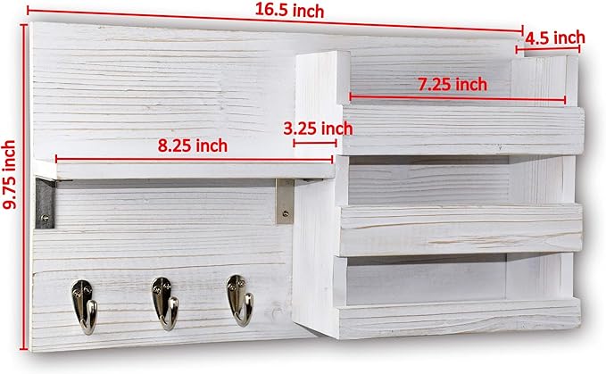 Spiretro Wall-Mounted Key Hooks Holder and Mail Sorter - Rustic Wood White - Entryway Organizer for Letters, Leashes, and Purses - Floating Shelf, 16.5” W x 9.75" H x 4.5” D