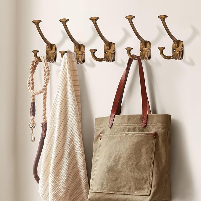 Large Wall Double-Sided Hook 10 Pack Antique Brass Hook Decorative Heavy Duty Solid Large Coat Hooks for Towel Hanging Coats Robe Towel Bags Door Back 2 Prong Hooks