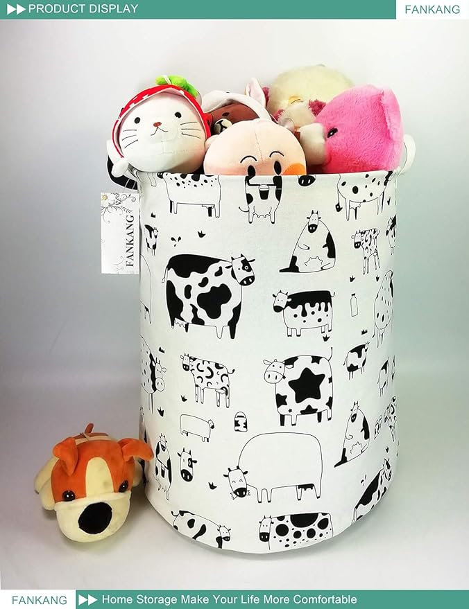 FANKANG Storage Basket, Nursery Hamper Canvas Laundry Basket Foldable with Waterproof PE Coating Large Storage Baskets for Kids Boys and Girls, Office, Bedroom, Clothes,Toysï¼Cowsï¼