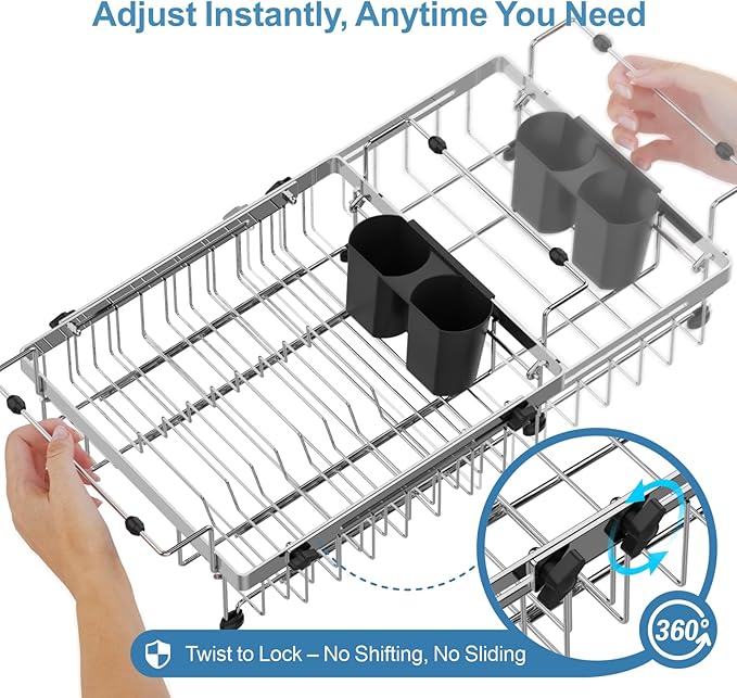 GSlife Expandable Over the Sink Dish Drying Rack with Silicone Drying Mat - Stainless Steel Dish Drainer with Locking Knob, Size Adjustable Dryer Strainer for Kitchen, 12.8" W x 10.8"-17.9" L, Silver