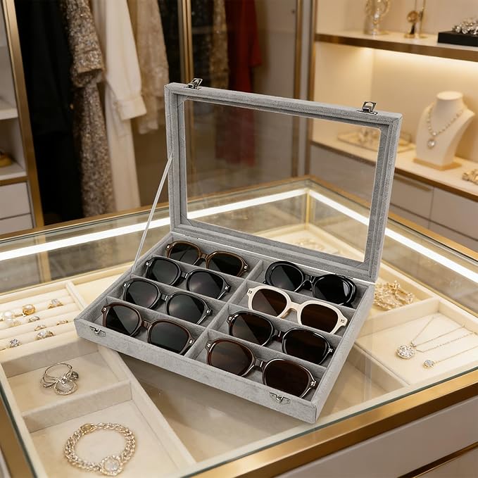 Wudygirl Jewelry organizer Sunglass Organizer 8 Slot Velvet Jewelry Tray Sunglasses Case with Lid Multi Eyeglass Case for Women Men(8 Grid