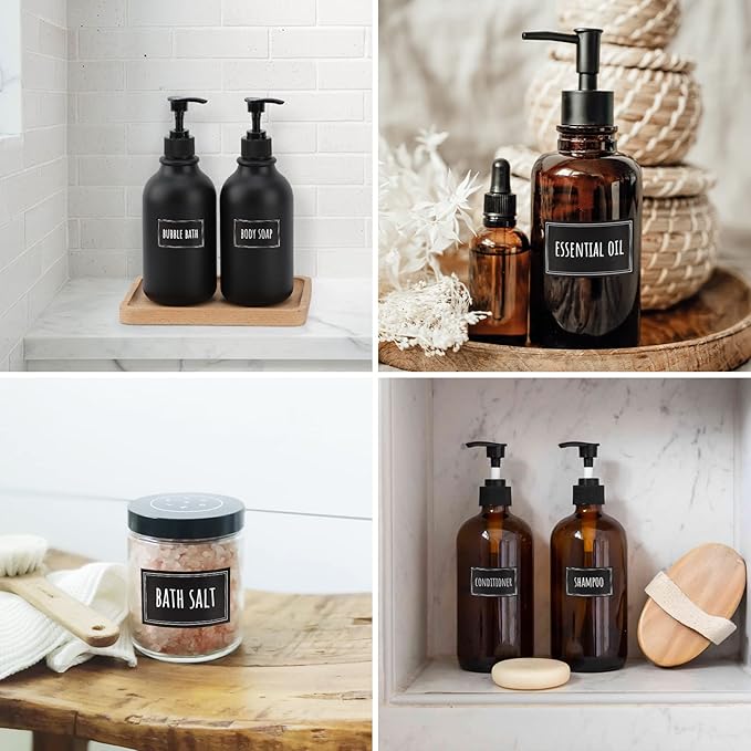 Segbeauty 36PCS Black Waterproof Labels, Self-Adhesive Bathroom Labels for Organizing, Removable Printed Shampoo Conditioner Body Soap Bath Salt Essential Oil Label Stickers for Plastic Glass Bottles