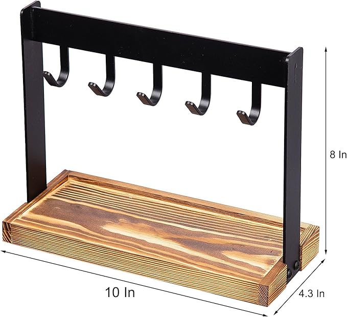 Metal 5-Hook Table Key Holder Torched Wood Base Rustic Industrial Tabletop Countertop Organizer Matte Rack Hanging Hooks Burnt Wooden Bottom Slot Rings Coins Accessories Jewelry Daily Supplies