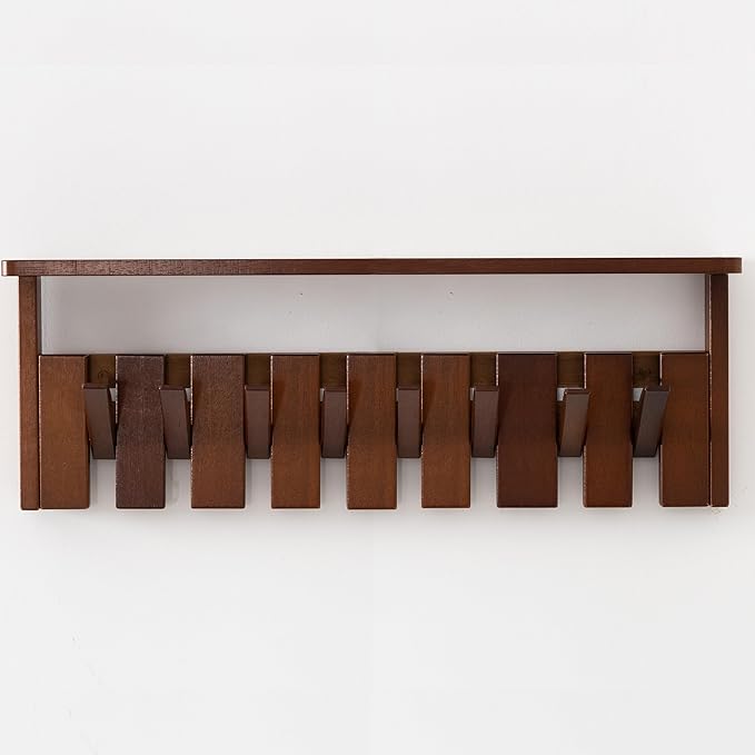 Wooden Coat Rack Wall Mount with Shelf, Heavy Duty Entryway Organizer with 8 Hooks,Coat Hooks Hanger for Coats, Hats, Bags & Towels, Walnut Wall Hanger for Hallway, Bedroom, Kitchen (8 Hooks)