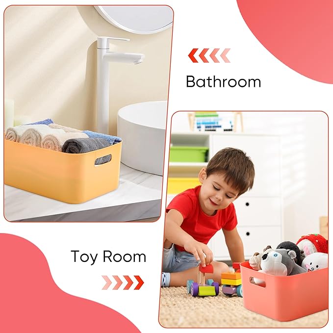 Plastic Storage Bins with Lid, Stackable Storage Containers for Organizing, Decorative Storage Baskets for Shelves Living Room Playroom Classroom Office (Medium 2PCS (Yellow+Orange))