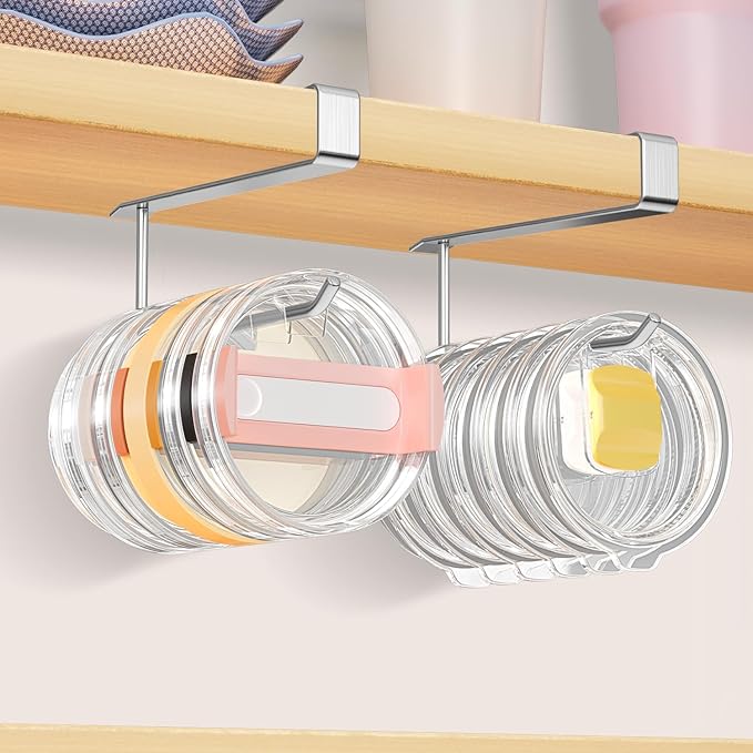 2 Pack Tumbler Lid Organizer, Under Cabinet Cup Lid Holder for Yeti Insulated Mug/Stanley Insulated Mug/Simple Modern Insulated Mug Lid, No Gluing, No Drilling, Up to 10 Lids (Stainless Steel)
