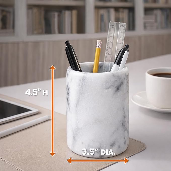 Creative Home Solid Natural Marble Pen Holder â Heavyweight Pencil Cup Organizer for Desk, Vanity, or Bathroom, 3.3" Diameter x 4.5" Height, Off-White with Unique Stone Patterns