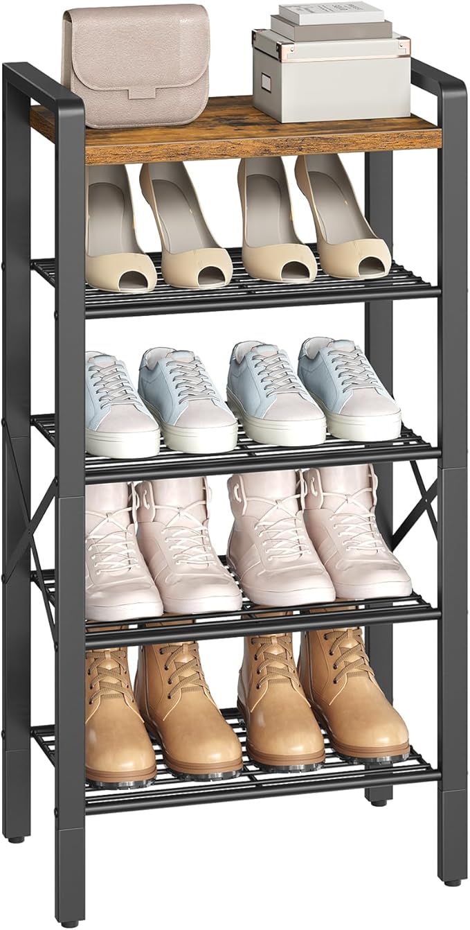 5-Tier Narrow Shoe Rack, Tall Shoe Rack for 5-10 Pairs, Slim Shoe Storage Organizer with Wooden Top, Space Saving, Metal Frame, for Entryway, Rustic Brown and Black SS65BR