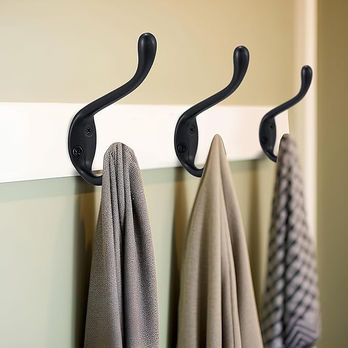 Coat Hooks 10 Pack - Heavy Duty Wall Mounted Matte Black Double Hooks for Hanging Clothes/Towels - Sturdiness Design with Better Mounting System