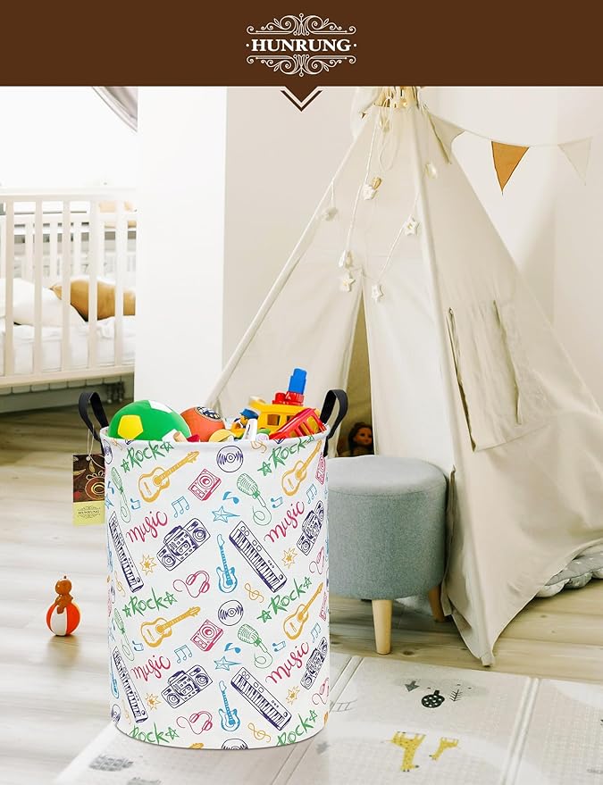 HUNRUNG Laundry Hamper,Large Canvas Fabric Lightweight Storage Basket Toy Organizer Dirty Clothes Collapsible Waterproof for College Dormsï¼Round-Musical instrumentï¼