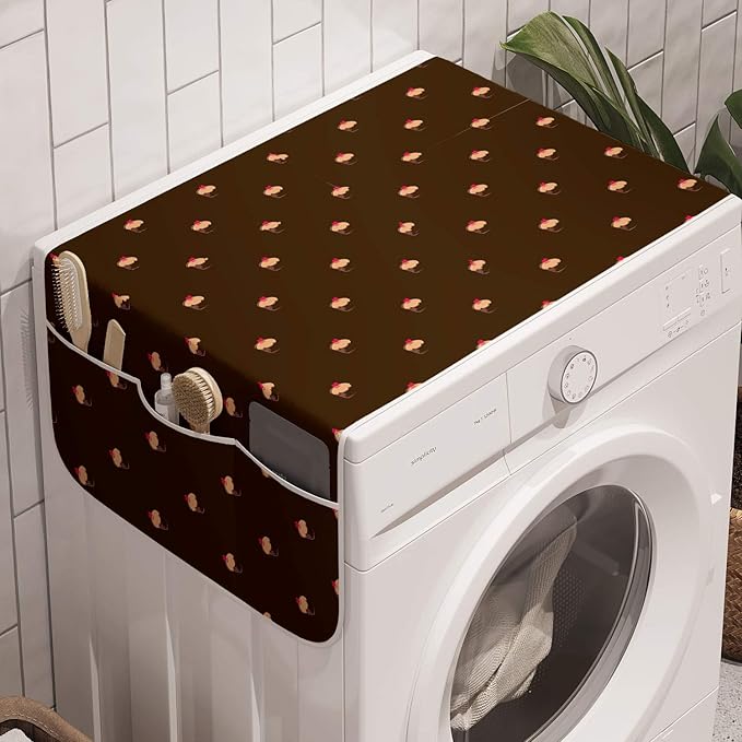 Ambesonne Abstract Washing Machine Organizer, Cupcake Pattern with Hearts on Top Sweets Dark Toned Brown Background, Anti-slip Fabric Cover for Washers and Dryers, 47" x 18.5", Coral Beige