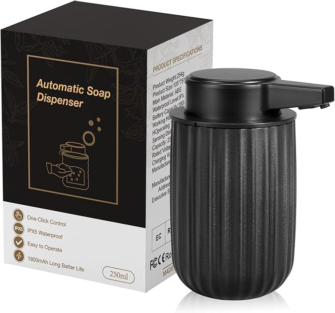 Automatic Soap Dispenser Liquid Touchless: 9oz Plastic Black - Rechargeable Electric Smart 3-Level Adjustable Modern Auto Soap Dispenser - Bathroom Kitchen Hand Dish Lotion