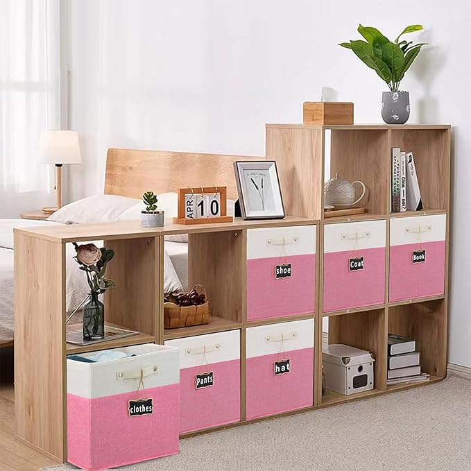 Storage Cubes,13 x 15 x 13 storage cubes,Foldable Fabric Storage Cubes with Labels 4 Pack,Linen Cube Storage Organizer Bins Kallax Storage Cubes for Organizing Shelves Cabinet(White pink).