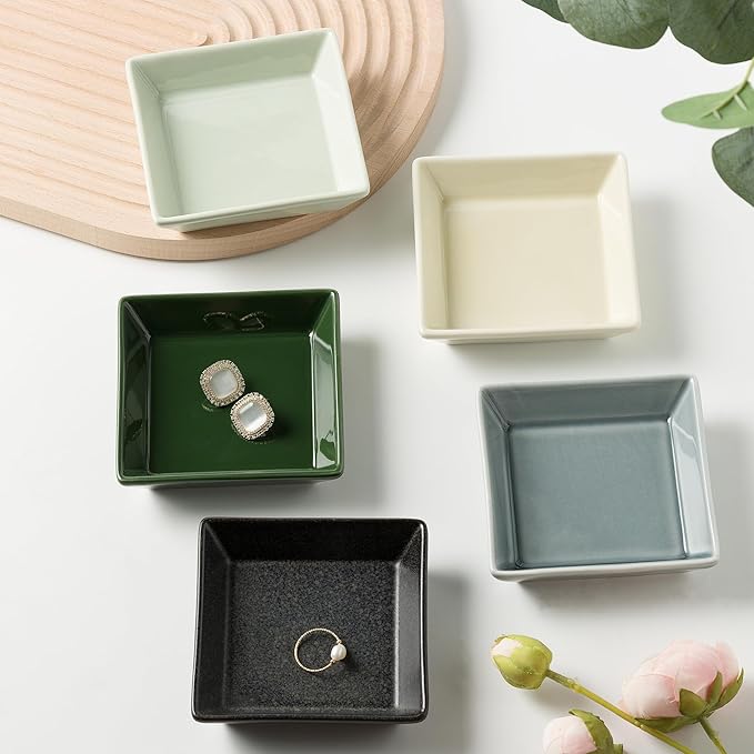 Ceramic Trinket Dish, Ring Tray, Decorative Jewelry Dish for Earrings Necklaces Watch Keys for Women (black square)