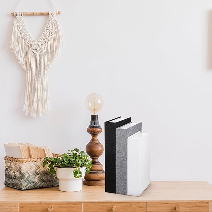 Tioncy 3 Pcs Fake Book Box Neutral Linen Book Box Decorative Faux Prop Storage for Farmhouse Home Decor shelf Table Card Photo DIY Keepsake Gift(Multi Sizes,Black, White, Dark Gray)