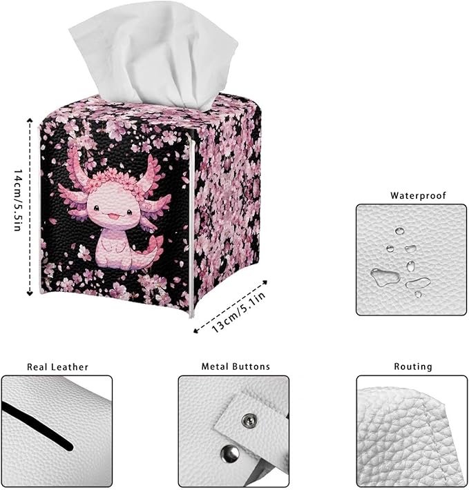 Axolotl Cherry Blossoms Tissues Cube Box Cover with Bottom Belt Decorative Tissue Box Cover for Bathroom Vanity Countertop Office Desk