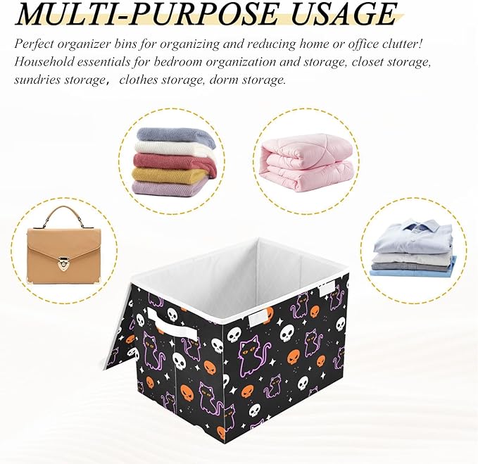 senya Halloween Storage Baskets Collapsible Storage Bins with Lids, Halloween Colored Skulls Black Cat Storage Boxes Clothes Baskets for Organizing