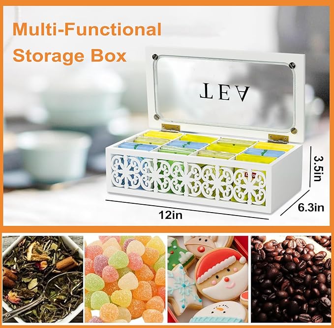 handrong Tea Box,Wood Tea Organizer and Storage,12 Compartments Tea Bag Holder Organizer with Clear Window for Countertop Kitchen Cabinet Pantry