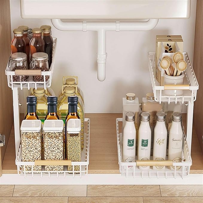 2 Pack Under Sink Organizer Cabinet for Kitchen Bathroom, 2 Tier Metal Slide Out Under Sink Drawers, Adjustable Height, Under Sink Pull Out Organizers and Storage, White,13.7" H-17 H