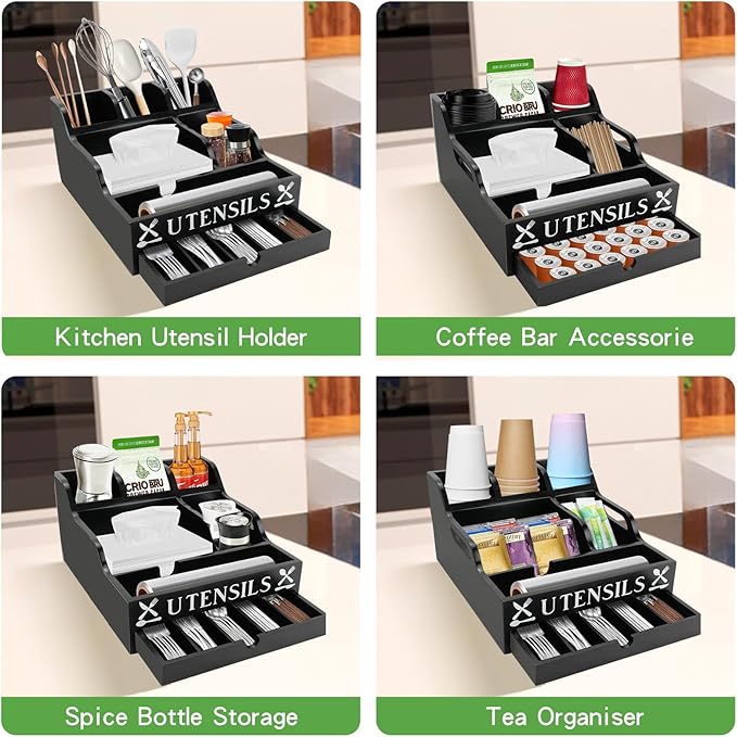 Kitchen Utensil Holder with Drawer, Farmhouse Spatula Organizer for Countertop,Large Capacity Flatware Spoon Forks Knives Cooking Tool Cutlery Holder for Party Picnic BBQ with 11 Compartments(Black)