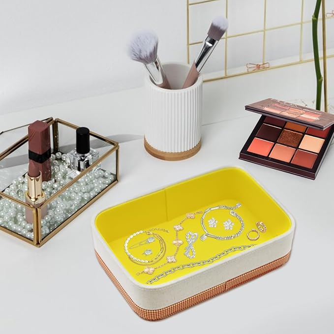TUNJILOOL Jewelry Tray Leather Valet Jewelry Box Nightstand Organizer, Bedroom Dresser Bedside Organizer Countertop Catch Key,Wallet,Phone,Watch,Coin,Glass Unique House Warming Gifts