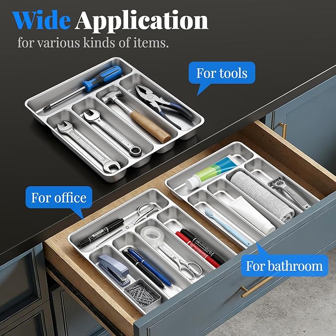 IKOCO Silverware Organizer Stainless Steel Utensil Drawer Organizer with 5 Compartments for Kitchen, Dishwasher Safe, Holds Spoons Forks Knives (13.8" x 11.4", Silver)