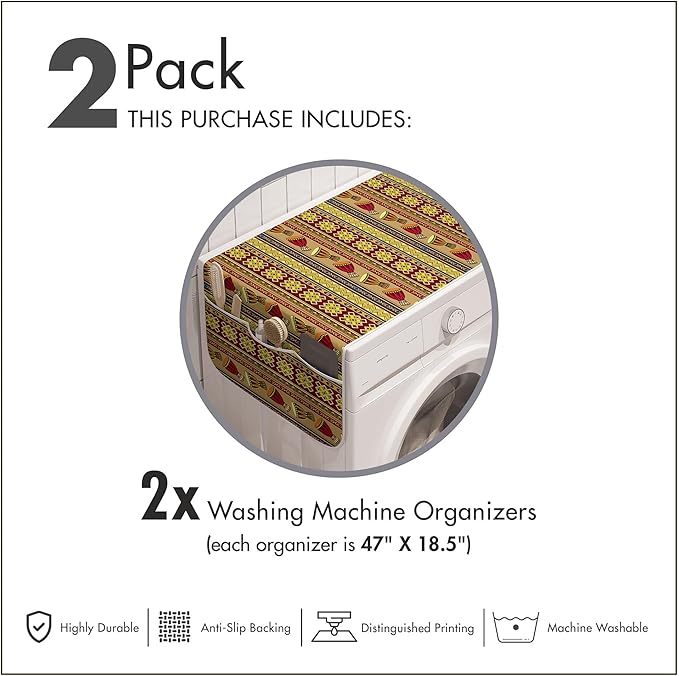 Ambesonne African Washing Machine Organizer Pack of 2, Oriental Djembe Drums Music Culture in Theme Geometric Chevrons Triangles, Anti-Slip Cover for Washers Dryers, 47" x 18.5", Yellow Ruby