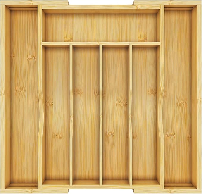 Bamboo Utensil Organizer for Kitchen Drawers, Utensil Tray and Cutlery Silverware Holder,Wood Drawer Dividers with 7 Slots(Natural)