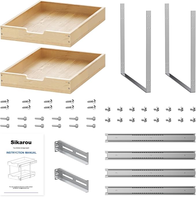 Wood Pull Out Cabinet Organizer 2 Tie 17" W x 21" D, Heavy-Duty Sliding Drawers for Inside Cabinets Storage and Organization for Kitchen, Pantry, Bathroom