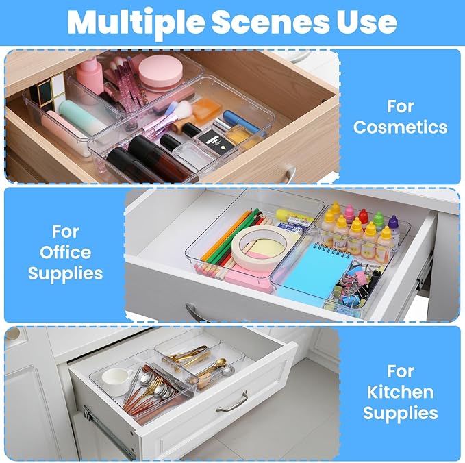 Clear Drawer Organizer, 12 Pack Large plastic Set, 3 Size Versatile Bathroom and Clear organizer bins,Vanity Organizer Trays, Storage Bins for Makeup, Bedroom, Kitchen Utensils