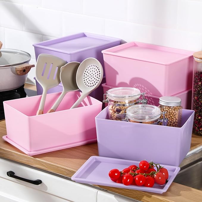 Menkxi 6 Pcs Storage Bins with Lids Small Plastic Storage Containers Stackable Storing Baskets Box Cute Organizer Bins for Organizing Shelves (Pink,Purple)