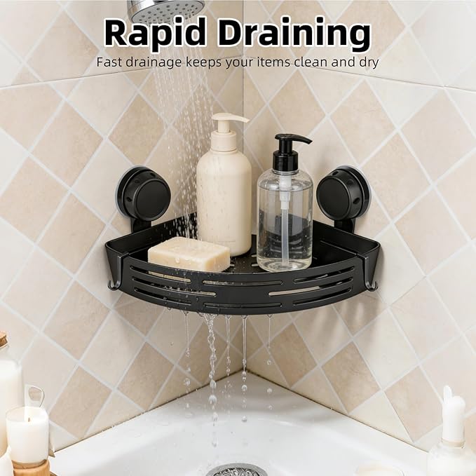 Corner Shower Caddy 3-Pack, No Drilling Adhesive Bathroom Shelf with Towel Bar & Hooks, Triangle Storage Organizer for Bathroom Kitchen RV, Fast Draining & Heavy Duty (Black)